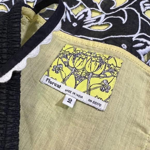 Like New! Floreat {Anthro} Embroidered Black | Yellow Silk Eyelet Dress | XS 2 - Picture 4 of 16